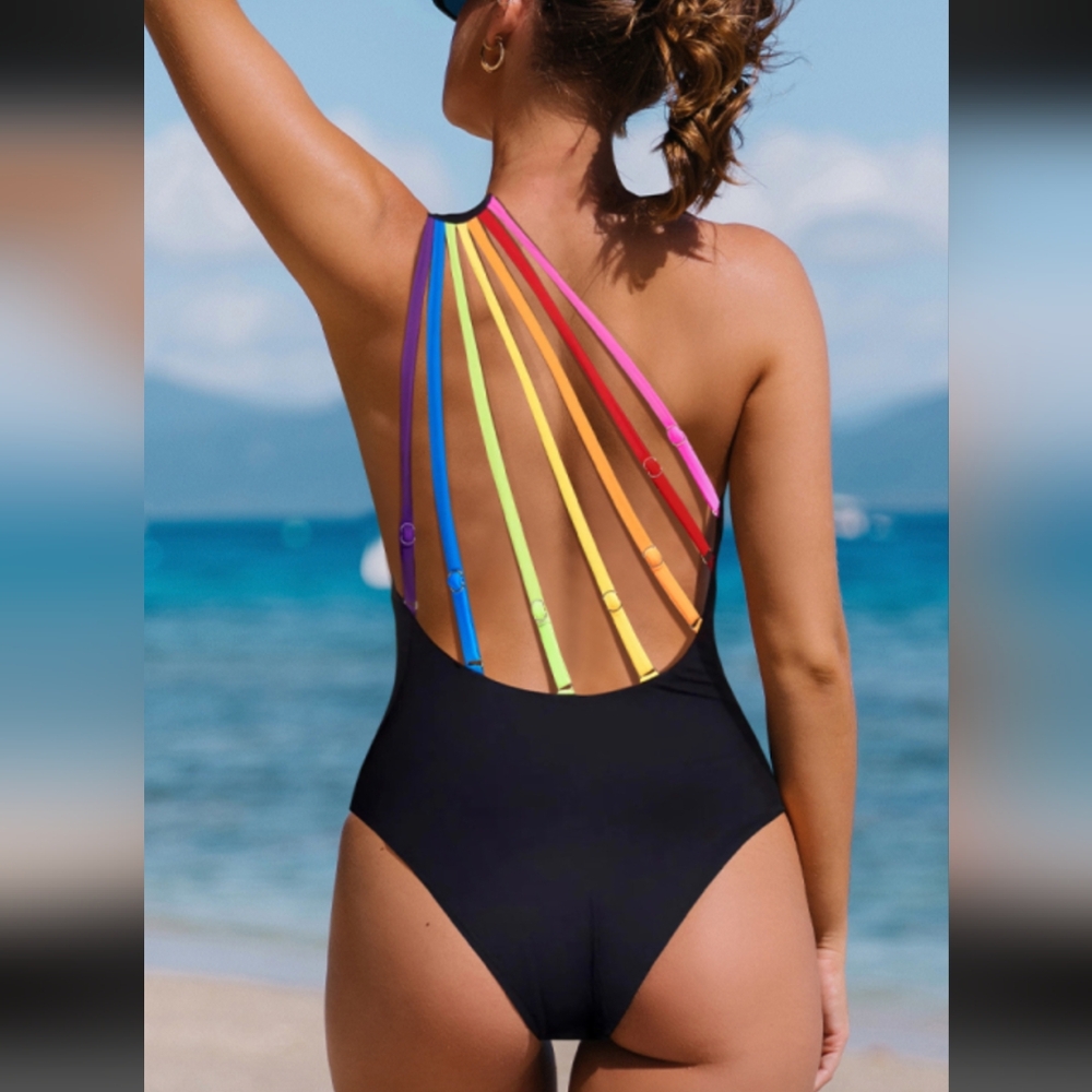 Popvil 1 Shoulder Rainbow Strap Swimsuit